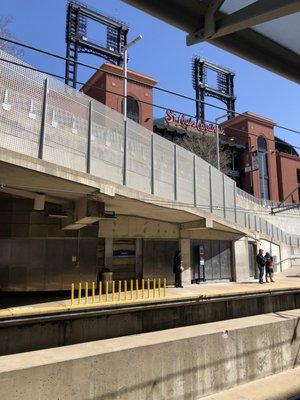 Looking up at Busch Stadium from the Stadium station