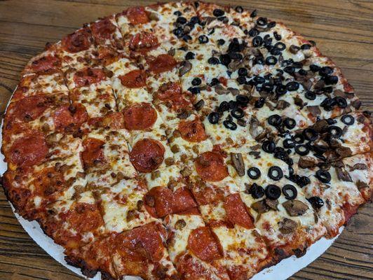 16" half pepperoni and sausage and half olives and mushrooms