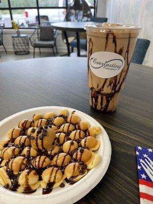 Chocolate peanutbutter protein waffle and chocolate caramel mocha ice coffee. Under 500 calories!