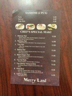 Sushi menu