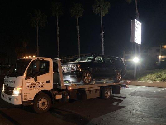 2019 Chevrolet Surburban flatbed towed back to San Diego from Cabazon, California.  Mission Valley Towing has been helping motorists in San