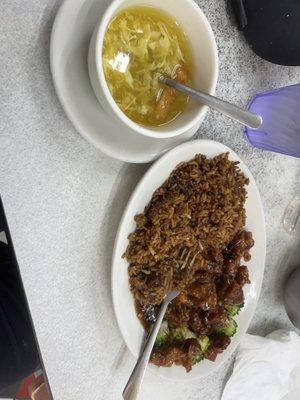 General  (Tso's) chicken, fried rice and egg drop soup