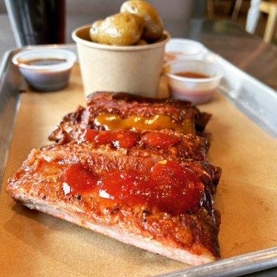 It didn't make sense not to live for fun  St. Louis Ribs (w/ Ruby Red, Carolina, & RR Spicy Sauces) & Salt Potatoes from #RubyRedsBBQ