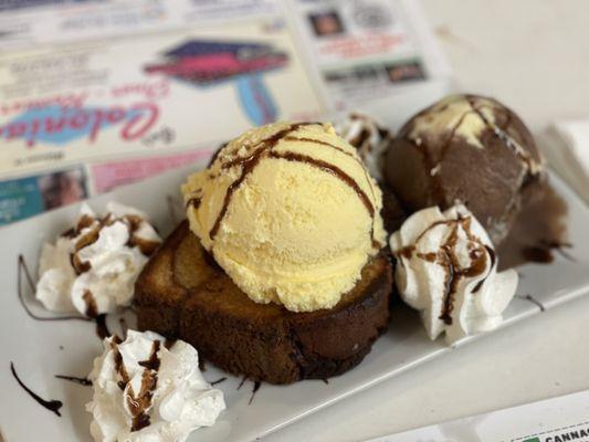 Toasted marble pound cake w ice cream.