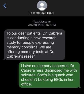 A text message received from the doctor's office after I had already complained about her practice.