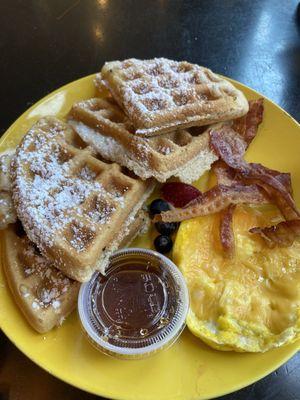 I got the Cornbread waffle , bacon, cheese eggs