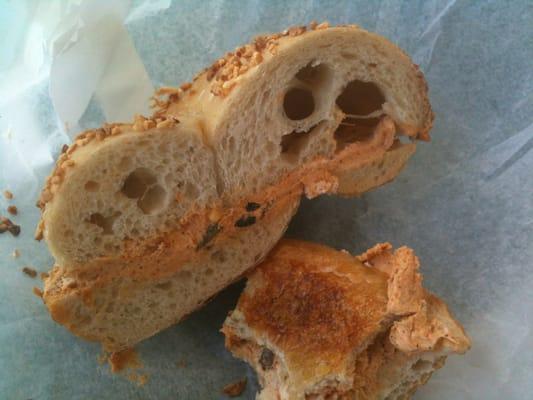 Mexican cream cheese on a garlic bagel.