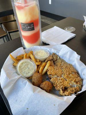 Catfish Basket with Hushpuppies and Fries with a Frozen Swirled Daiquiri