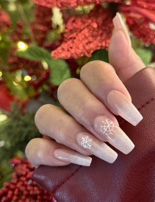 Gel X Nails, Christmas, Snowflake, white gradient, French fade, subtle glitter, ombré style nails