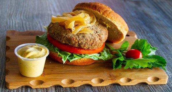 Vegan burger with gluten free bun.