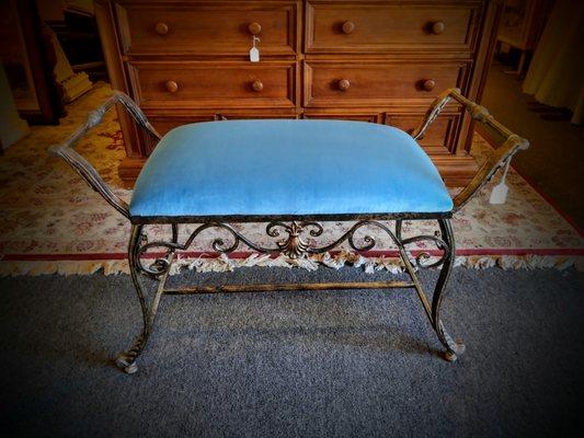 This wrought iron vanity bench was custom reupholstered by Classic House, Reupholstered with a vibrant blue designer fabric, *SOLD