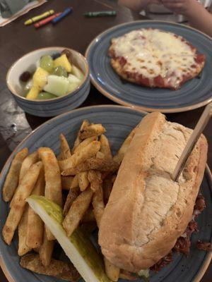 Kid's cheese pizza with fruits was better than BBQ Jackfruit Sandwich, fries were great!