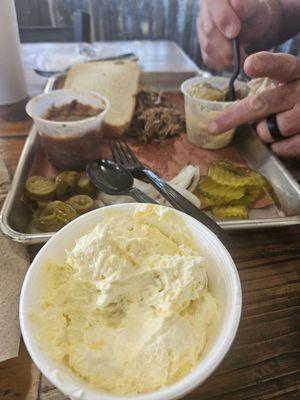 Pulled pork beans and potatoe salad with banana pudding