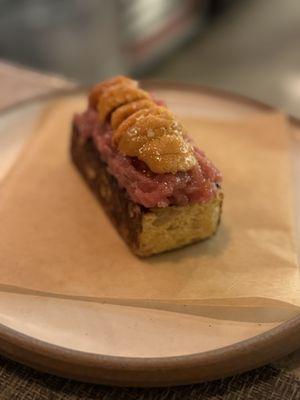 Bluefin Tuna, topped with Uni on top of Chawanmushi toast