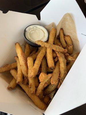 Fried pickles!  These are cut the size of French fries. Excellent, must try