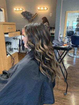 Rich dark brown with blonde Balayage to really pop!