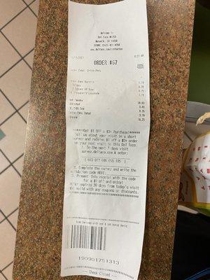 This is the receipt of the burrito I ordered that had the Saran Wrap plastic in it.