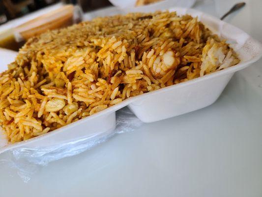 Side view of shrimp biryani - you could feed a small village with this!