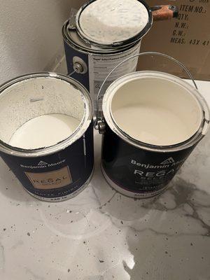 GRIFFIN ACE BENJAMIN MOORE REGAL MATTE (LEFT) APPEARS VERY INFERIOR TO OTHER PAINT STORE PAINT LABELED IDENTICALLY!