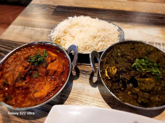 Curry Chicken and Saag Paneer with Basmati rice and garlic nan.