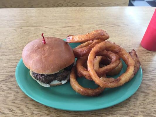 Cajun burger and onion rings.