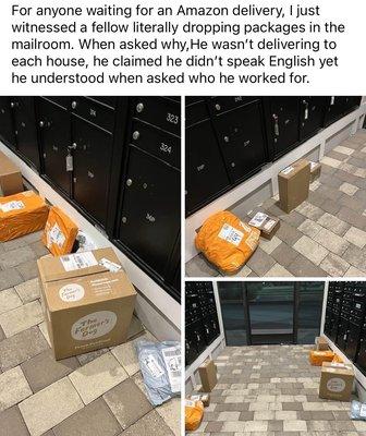 Left inside a USPS mailroom. They are supposed to deliver to individual homes