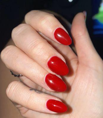 Red almond nails.