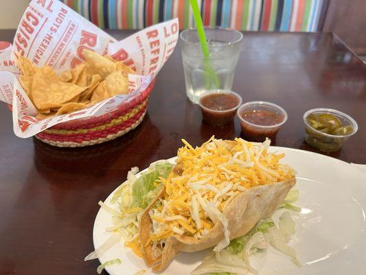 Crispy Taco with chips and Salsa and jalapeño