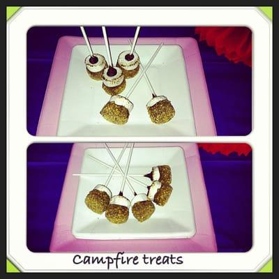 Marshmallow Pops- S'mores(marshmallow dipped in chocolate topped with ghram cracker crumbs, lightly torched)