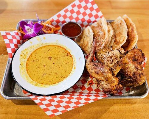 Yellow curry, roti, fried chicken