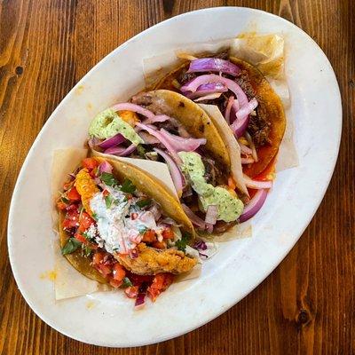 Surf & Turf Tacos , Blackened Fish Tacos , Short Rib Tacos de Birria