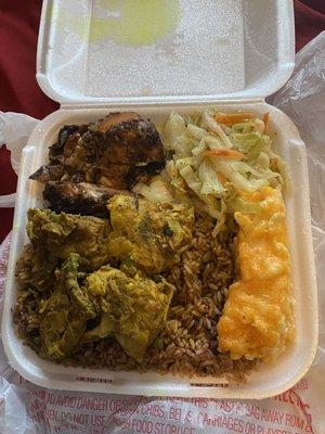 Jerk chicken, curry chicken, cabbage, Mac & cheese