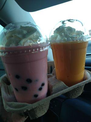 Strawberry Smoothie with Boba. Mango Smoothie.