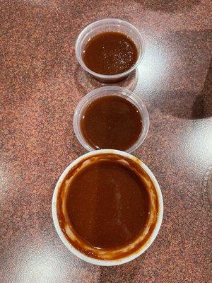 Three sauce options: ribs sauce (top), honey sauce (middle), hot sauce (bottom)