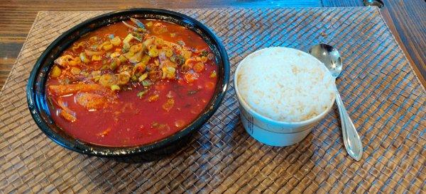 A2. Yook Gae Jang (Spicy beef and vegetable soup) with rice.