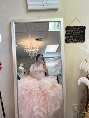 Ruffle pastel pink Quince dress with shawl