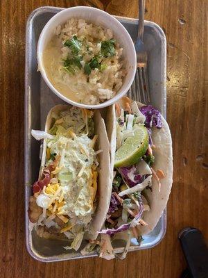 Blackened Mahi Mahi Taco, Chicken Bacon Ranch Taco, Queso Rice