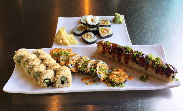 (starting from top; clockwise) tempura, dragon, geisha, and california roll (brown rice). the price is cheap ($30), but this sushi is bad!!