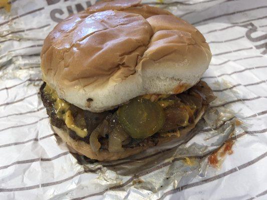 Cheeseburger (with extra pickles and sautéed mushroom and onions added)