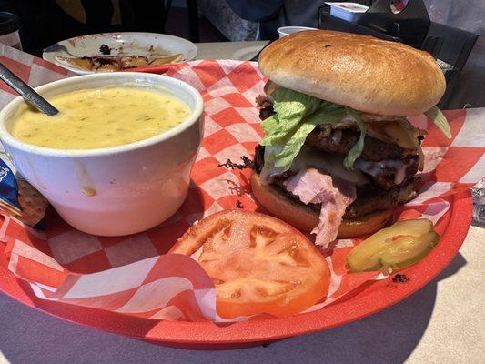 Breakfast Burger with Broccoli Cheddar Soup