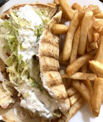 grilled chicken gyro, served with fries