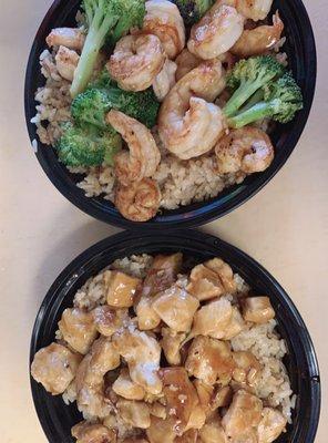 The medium chicken bowl and shrimp bowl