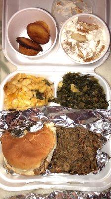 Pulled Pork Plate Mac and Cheese Collard Greens Banana Pudding Corn Bread