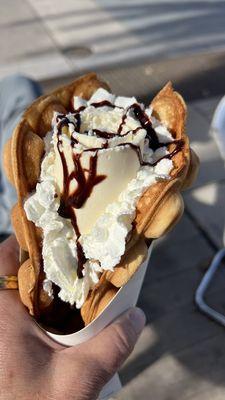 Brown sugar waffle with vanilla ice cream & chocolate drizzle.