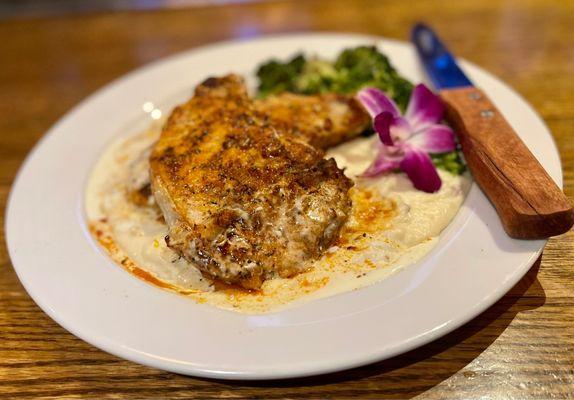 Mother's Day Special at Skip's! 2 pork chops, mashed potatoes and roasted broccoli. Delish!