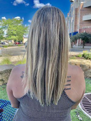 Full blonde highlights, baby lights, and cut by Breezy.