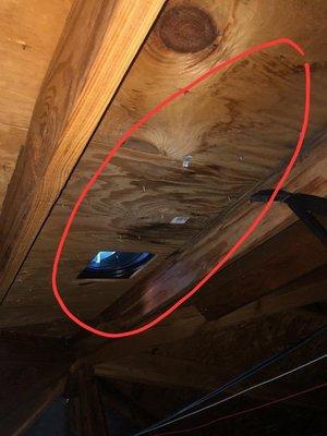 Water damage after storm because roof was not properly repaired and turbine was not properly sealed.