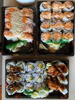 Counterclockwise: Krunchtime fitness roll, spicy salmon, spicy kani, chicken tempura, shrimp avocado, eel cucumber