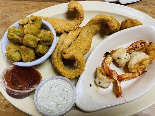 Fried fish and grilled shrimp. Side of fried okra.