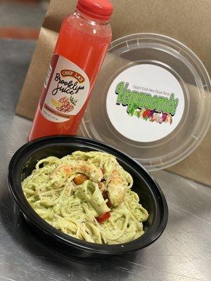 Veganomix Combo Meal includes:  Your Vegan Pasta Creations, Vegan Dessert Choice, Pretzel Stick, Beverage